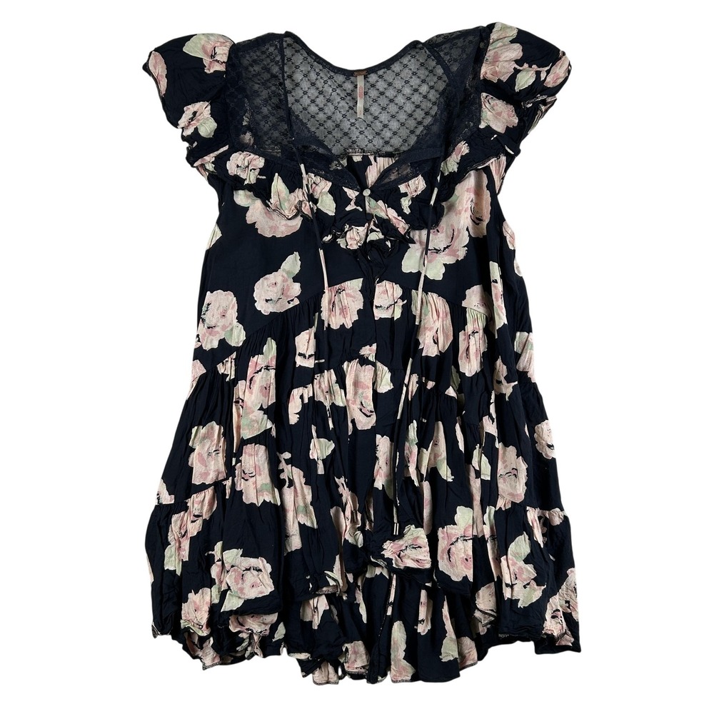 Free People Black Floral Mini Dress with Pink Roses